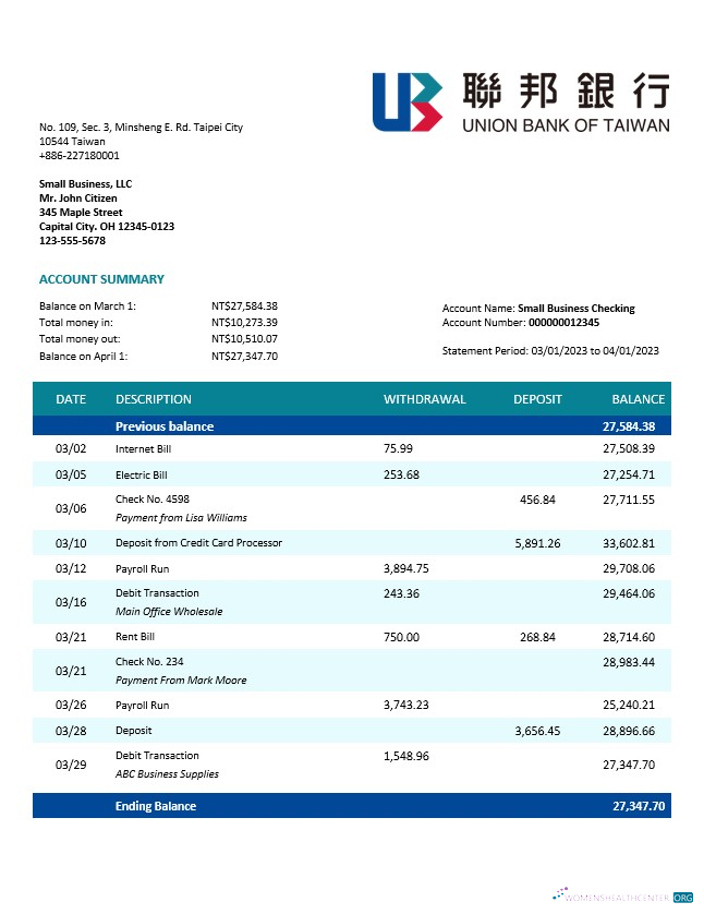 Download Union Bank of Taiwan company account statement Word and PDF template Photoshop template